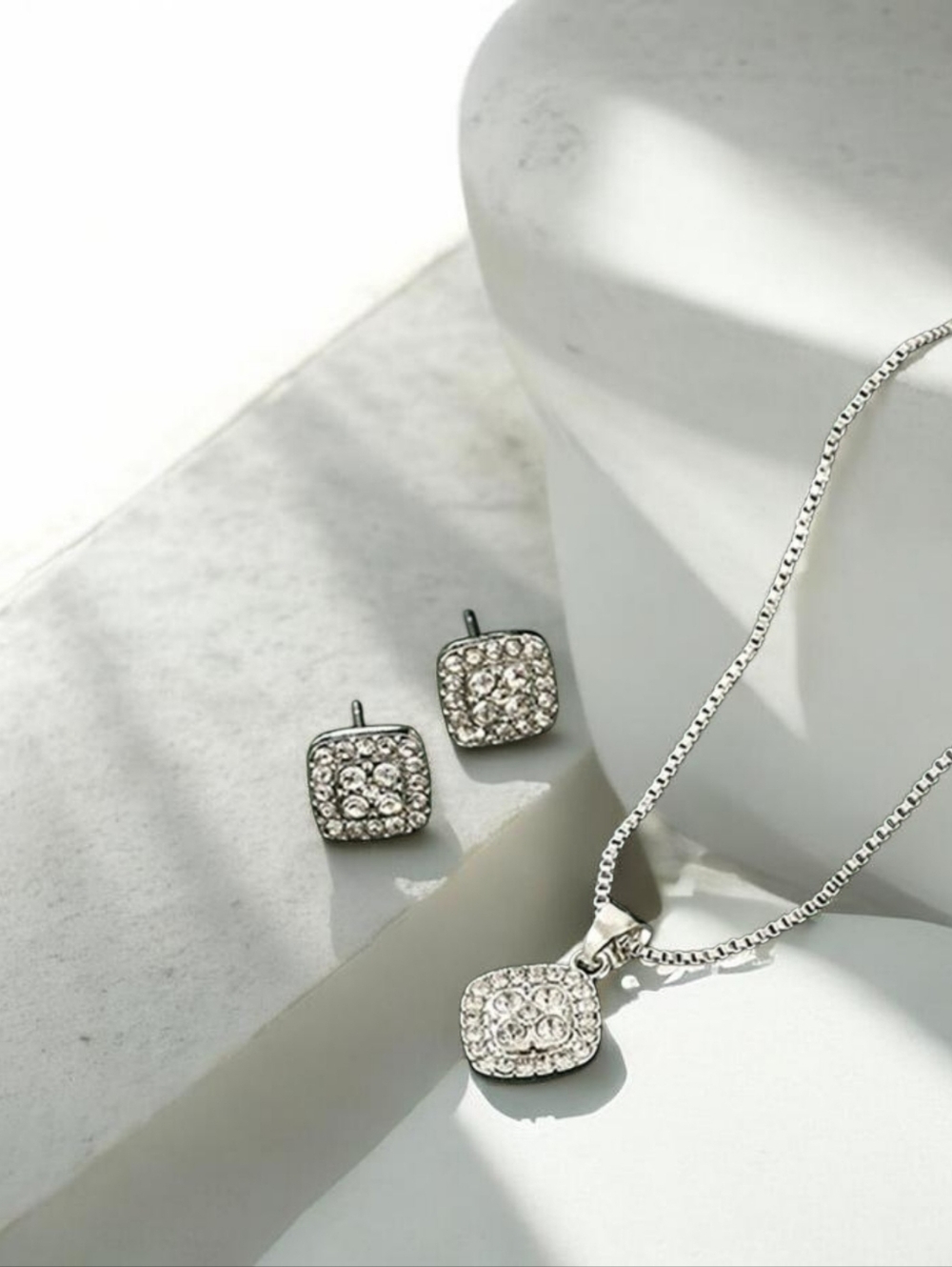 Silver Crystal Square Pendant Necklace and Stud Earrings Set